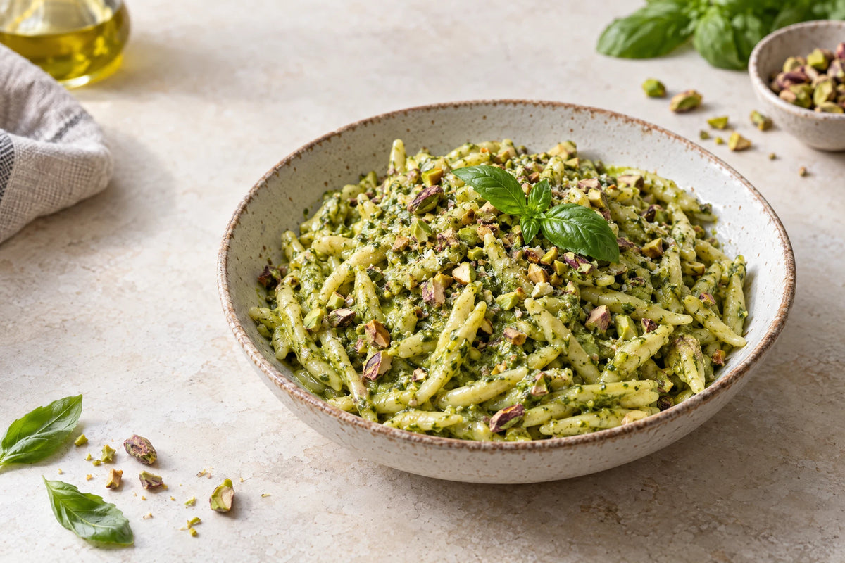 Pesto de pistacho con albahaca y pistacho crudo partido