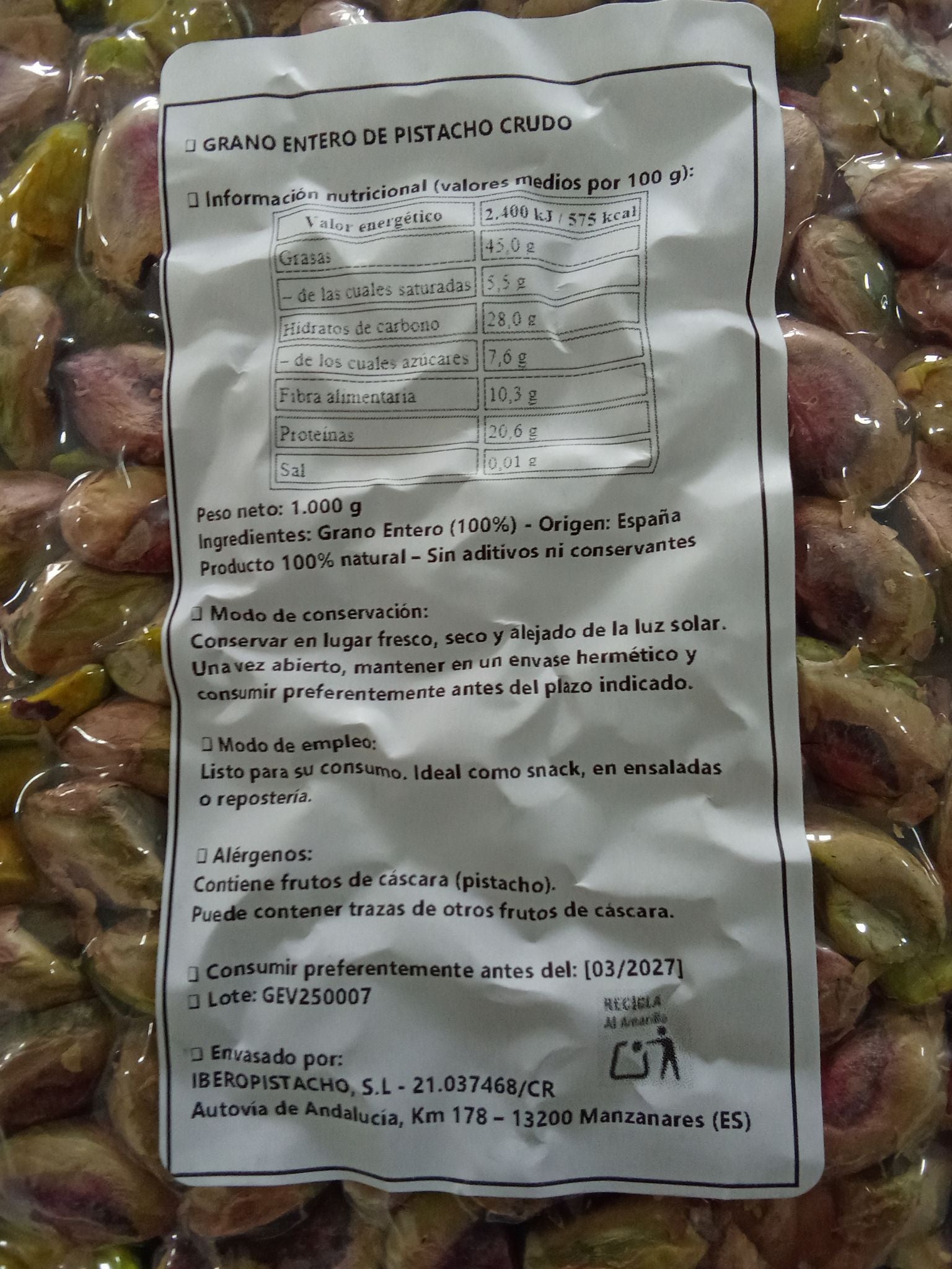 Pistacho Crudo Grano Entero — Pack 3 kg (3 × 1 kg al vacío)